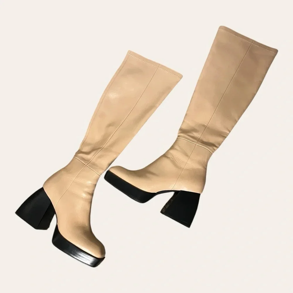 Jeffrey Campbell Dauphin Over The Knee Tan Boots Square Toe Platform Heel 8.5